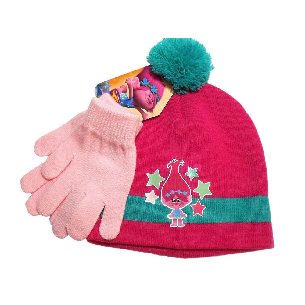Dreamworks Trolls Poppy Pink‎ Knit Winter Beanie Pom Hat Pink Gloves NWT